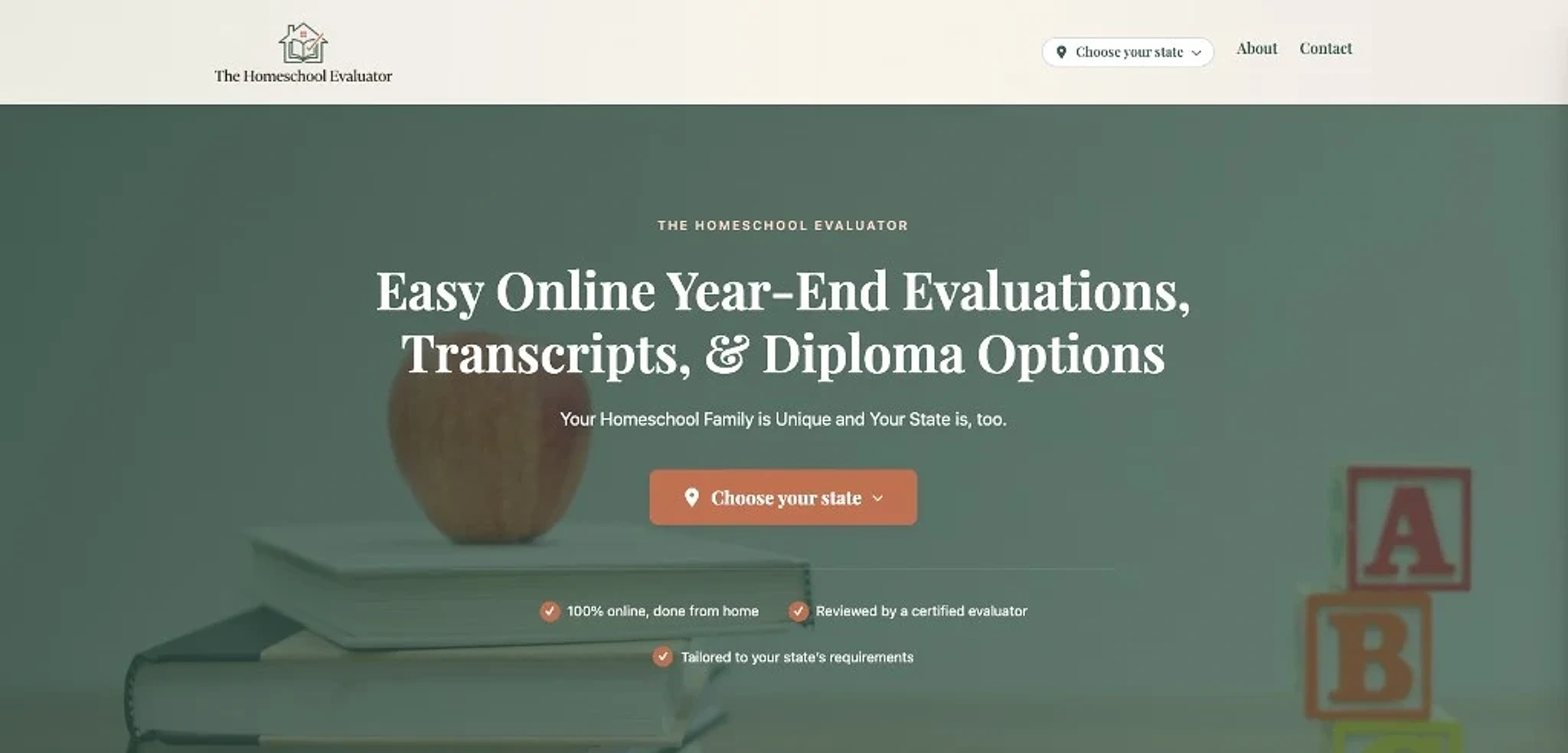 The Homeschool Evaluator public website homepage